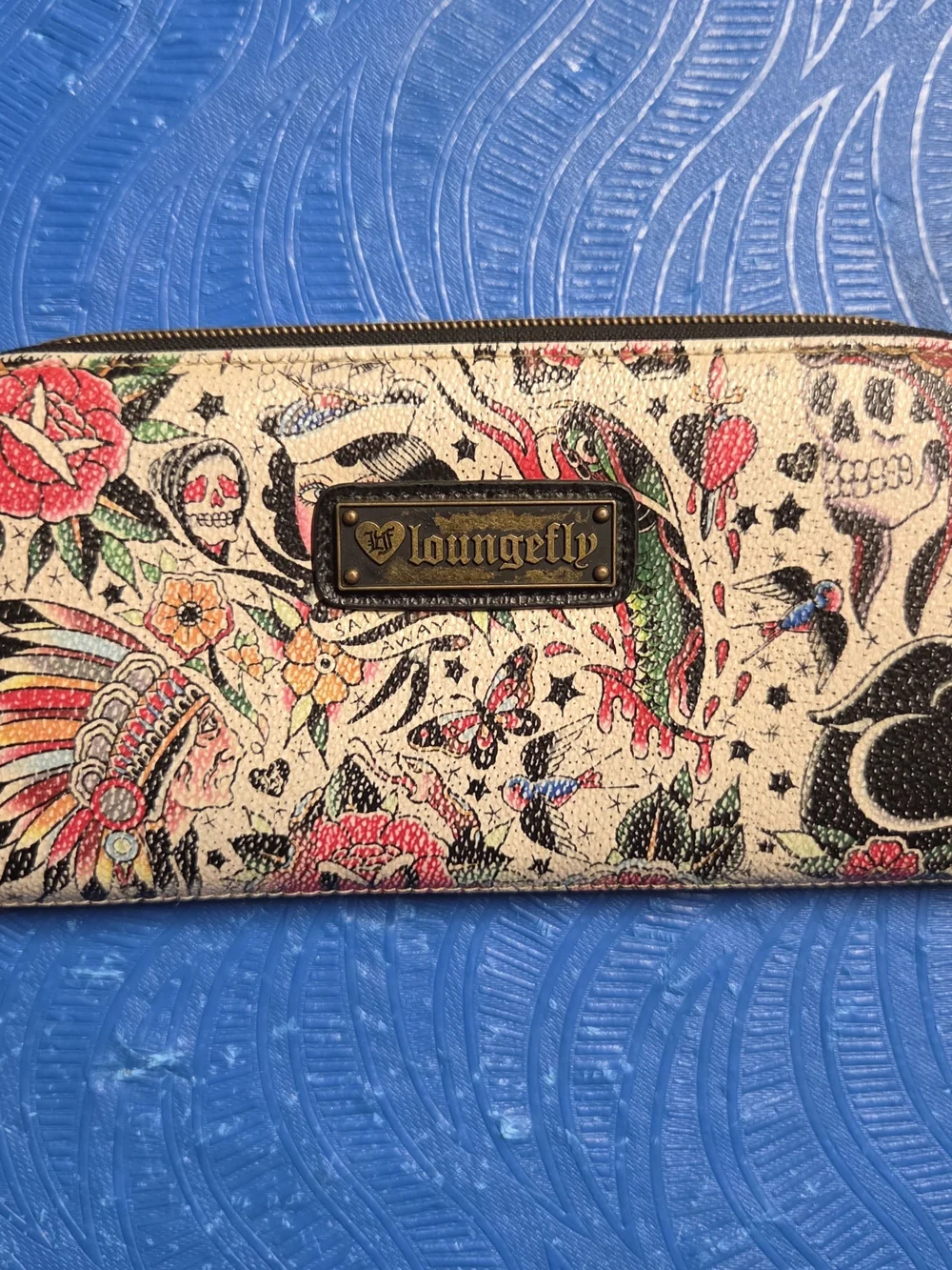 Loungefly Tattoo Print Zip Wallet in Cream with Multicolor Accents